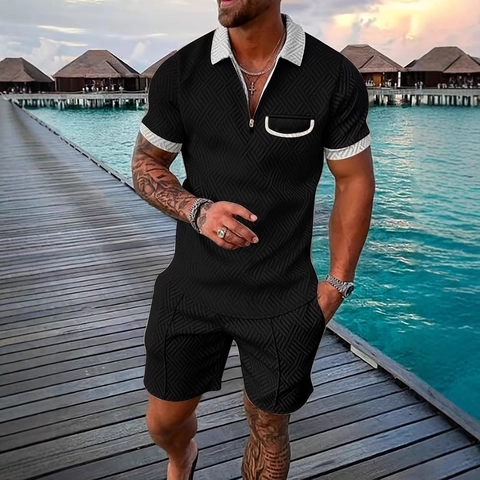 Men's Casual Polo Shirt And Shorts Set Textured Jacquard Short Sleeve Top And Pants With Zip Lapel Summer Beach Vacation Clothing