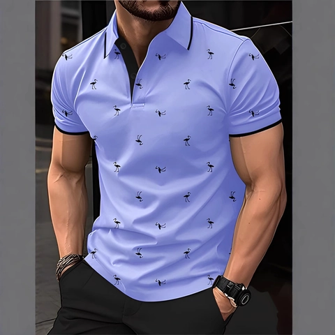 Men Summer Casual Polo Shirt Flamingo 3D Print Short Sleeve Top Contrast Lapel Button Slim Fit Business Fashion Polo