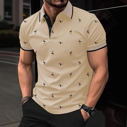 Men Summer Casual Polo Shirt Flamingo 3D Print Short Sleeve Top Contrast Lapel Button Slim Fit Business Fashion Polo