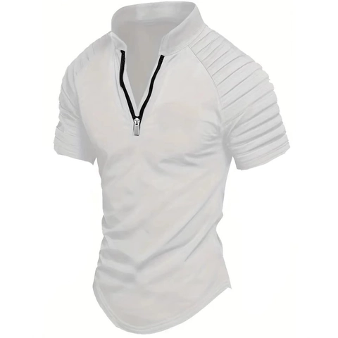 Men's Zip Polo Shirt Ribbed Shoulder Short Sleeve Slim Fit Casual Summer Cotton Blend Fashion Top