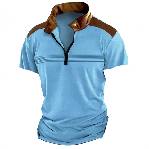 Ανδρικό Casual Κοντομάνικο Polo με Φερμουάρ Πλεκτό Waffle Patchwork Slim Fit Αναπνεύσιμο Αθλητικό Top