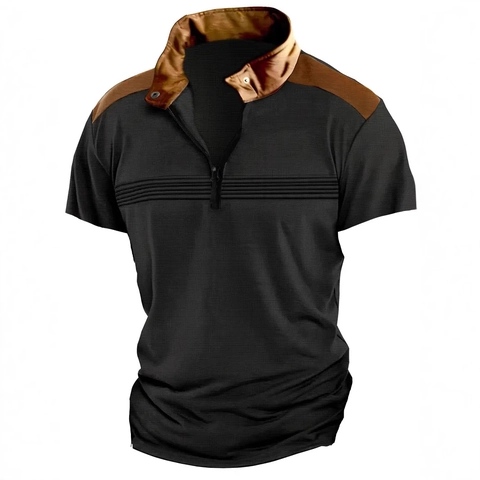 Ανδρικό Casual Κοντομάνικο Polo με Φερμουάρ Πλεκτό Waffle Patchwork Slim Fit Αναπνεύσιμο Αθλητικό Top
