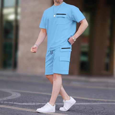 Completo Cargo Casual da Uomo in Misto Cotone Maglietta a Maniche Corte Pantaloncini con Coulisse Multitasche Stile Urbano Estivo