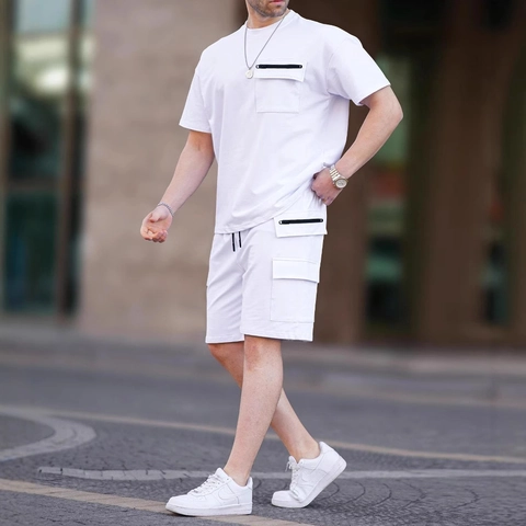 Completo Cargo Casual da Uomo in Misto Cotone Maglietta a Maniche Corte Pantaloncini con Coulisse Multitasche Stile Urbano Estivo