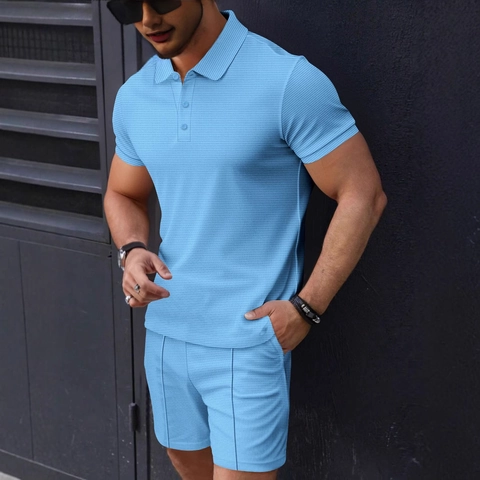 Men's Summer Casual Polo Shirt And Shorts Set Waffle Knit Plaid Short Sleeve Breathable Two Piece Urban Fashion Outfit