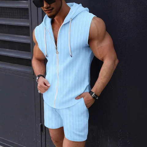 Completo Casual Due Pezzi da Uomo Canotta con Cappuccio e Zip e Pantaloncini Tessuto a Nido d'Ape Senza Maniche