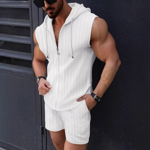 Completo Casual Due Pezzi da Uomo Canotta con Cappuccio e Zip e Pantaloncini Tessuto a Nido d'Ape Senza Maniche