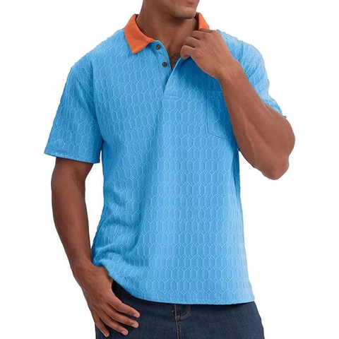 Men's Contrast Color Collar Polo Shirt Honeycomb Textured Short Sleeve Top With Pocket Casual Breathable Golf Shirt