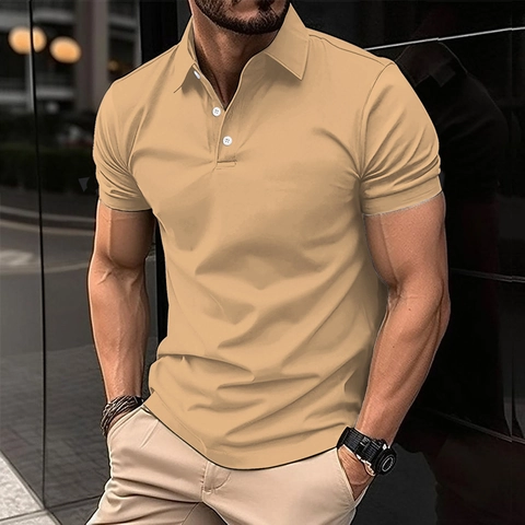 Herren Kurzarm Polyester Mischung Polohemd Slim Fit Atmungsaktiv Knopfleiste Einfarbig Casual Sportlich Sommer Mode