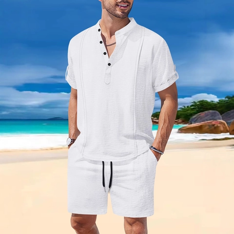 Tenue d'Été Décontractée pour Hommes en Mélange de Coton Chemise Henley Manches Courtes et Short à Cordon pour la Plage
