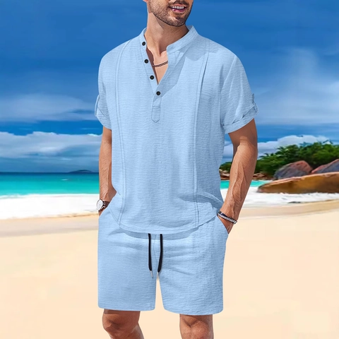 Tenue d'Été Décontractée pour Hommes en Mélange de Coton Chemise Henley Manches Courtes et Short à Cordon pour la Plage