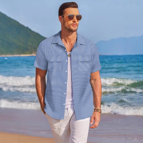 Herren Gestreiftes Kurzarmhemd Casual Umlegekragen Button-Down Sommer Strand Urlaub Hemd Mit Doppelten Taschen