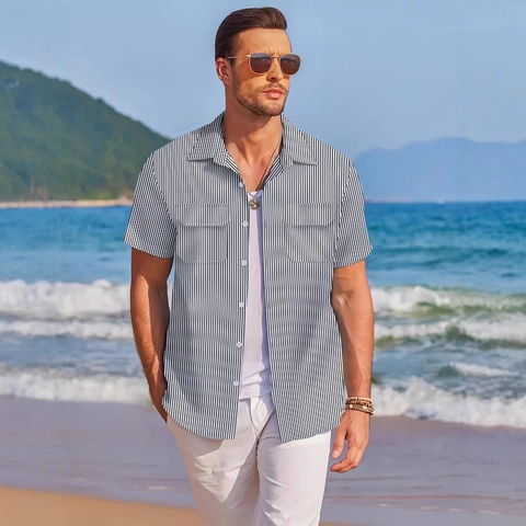 Herren Gestreiftes Kurzarmhemd Casual Umlegekragen Button-Down Sommer Strand Urlaub Hemd Mit Doppelten Taschen