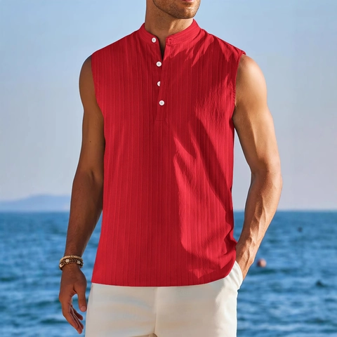 Lässiges ärmelloses Henley-Shirt für Herren mit Stehkragen Baumwollmischung Sommerstrand Tank Top Einfarbig Weste mit Textur
