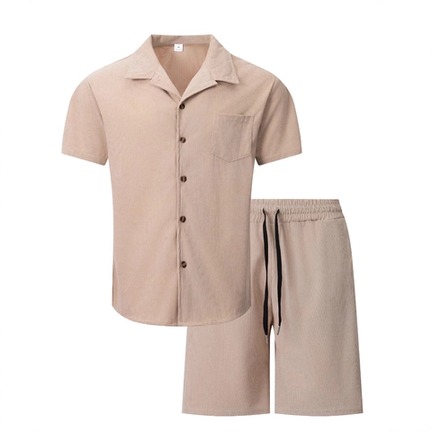 Abbigliamento da Uomo Casual in Velluto a Coste Due Pezzi Camicia a Maniche Corte Con Bottoni e Pantaloncini Con Coulisse Estate Spiaggia Vacanza