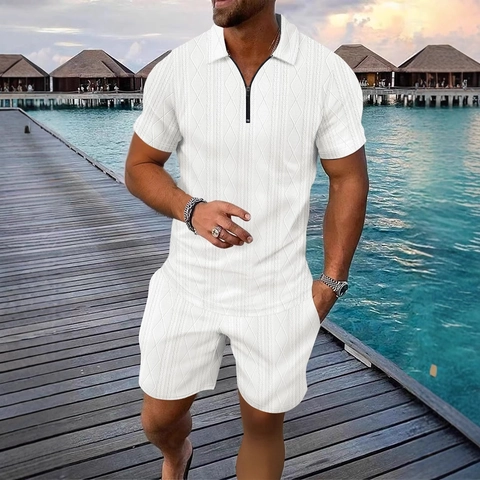 Set Casual Estivo da Uomo Polo a Maniche Corte con Cerniera e Revers e Pantaloncini Coordinati con Motivo a Rilievo per Vacanze