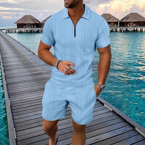 Set Casual Estivo da Uomo Polo a Maniche Corte con Cerniera e Revers e Pantaloncini Coordinati con Motivo a Rilievo per Vacanze