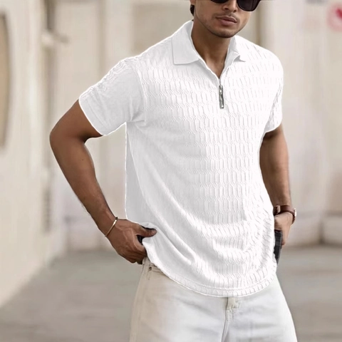 Polo Casual de Manga Corta para Hombre Textura de Punto Gofre Cuello con Cremallera Transpirable Mezcla Algodón Verano