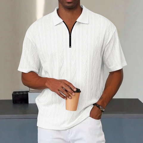 Polo da Uomo Casual a Manica Corta Con Collo a Cerniera Texture Jacquard Geometrica Maglia Misto Poliestere Top Estivo