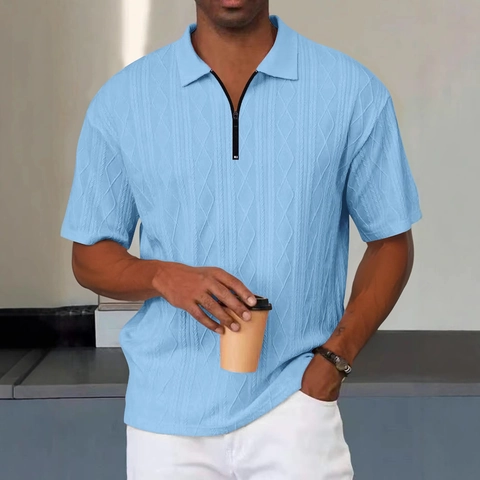 Polo da Uomo Casual a Manica Corta Con Collo a Cerniera Texture Jacquard Geometrica Maglia Misto Poliestere Top Estivo