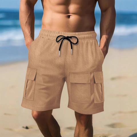 Men's Cargo Shorts Summer Casual Loose Fit Cotton Blend 5-Point Shorts Multi-Pocket Elastic Drawstring Waist Beach Pants