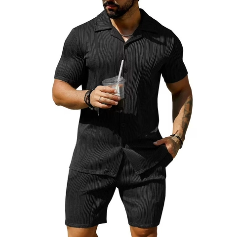 Ensemble Homme Été Décontracté Plissé Texture Vague Chemise Boutonnée À Manches Courtes Et Shorts Tenues Mode Plage Vacances