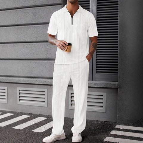 Men's Casual Jacquard Knit 2 Piece Set Zipper Polo Short Sleeve Shirt And Long Pants Set Streetwear Leisure Suit For Men