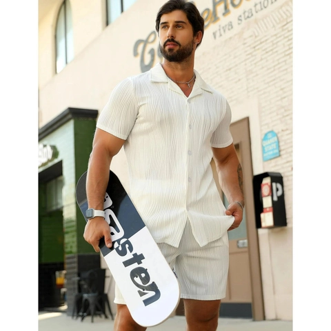 Ensemble Homme Été Décontracté Plissé Texture Vague Chemise Boutonnée À Manches Courtes Et Shorts Tenues Mode Plage Vacances
