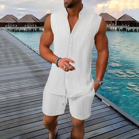 Ensemble d'Été Décontracté pour Hommes Avec Chemise Sans Manches à Rayures Col Montant et Short Mélange Polyester Plage