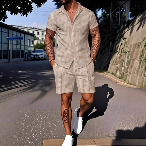 Ensemble Chemise à Manches Courtes et Short Décontracté pour Hommes Imprimé Géométrique Tenue de Plage Vacances