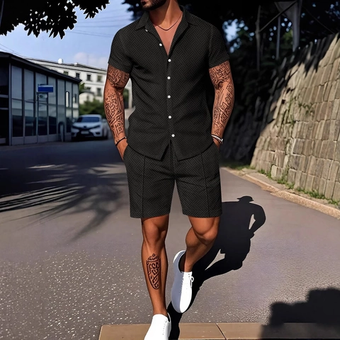 Ensemble Chemise à Manches Courtes et Short Décontracté pour Hommes Imprimé Géométrique Tenue de Plage Vacances