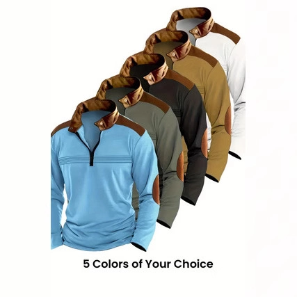 Polo da Uomo alla Moda in Maglia a Nido d'Ape con Mezza Cerniera Pullover Vintage Patchwork a Maniche Lunghe Felpa Casual