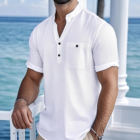 Camicia Henley da Uomo in Cotone Lino Casual Manica Corta Collo alla Coreana Taschino sul Petto Stile Vacanza Top Estivo