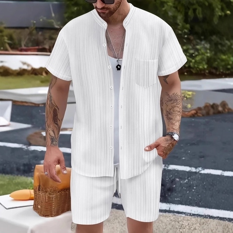 Chemise Homme Décontractée à Rayures Manches Courtes Col Montant Et Short à Cordon de Serrage Tenues de Vacances Plage