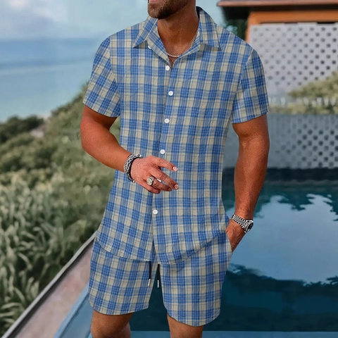 Completo Casual da Uomo Camicia a Quadri E Pantaloncini Estivi Manica Corta Rever Top Con Bottoni Shorts Con Coulisse