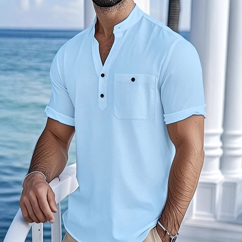 Camicia Henley da Uomo in Cotone Lino Casual Manica Corta Collo alla Coreana Taschino sul Petto Stile Vacanza Top Estivo