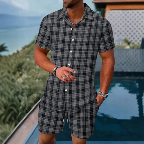 Completo Casual da Uomo Camicia a Quadri E Pantaloncini Estivi Manica Corta Rever Top Con Bottoni Shorts Con Coulisse