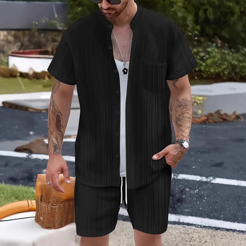 Chemise Homme Décontractée à Rayures Manches Courtes Col Montant Et Short à Cordon de Serrage Tenues de Vacances Plage