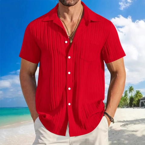 Men's Cotton Linen Textured Short Sleeve Shirt Casual Vacation Pleated Button Down Top With Chest Pocket Striped Shirt