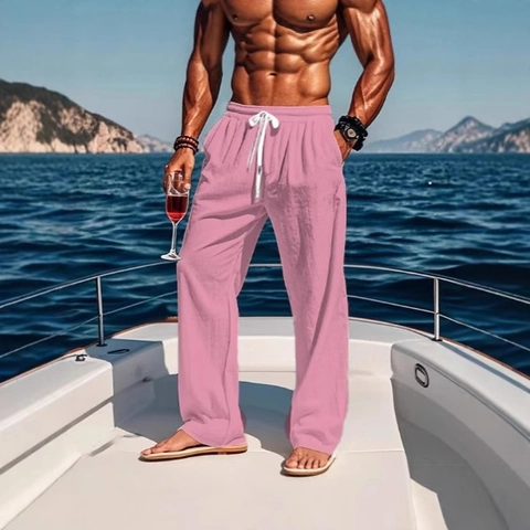 Men's Casual Cotton Linen Pants Drawstring Elastic Waist Straight Leg Loose Fit Solid Color Vacation Summer Trousers Bottoms