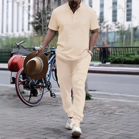 Completo Streetwear Uomo Casual Texture Geometrica Camicia Henley Manica Corta E Pantaloni Lunghi Abito Moda Primavera Autunno