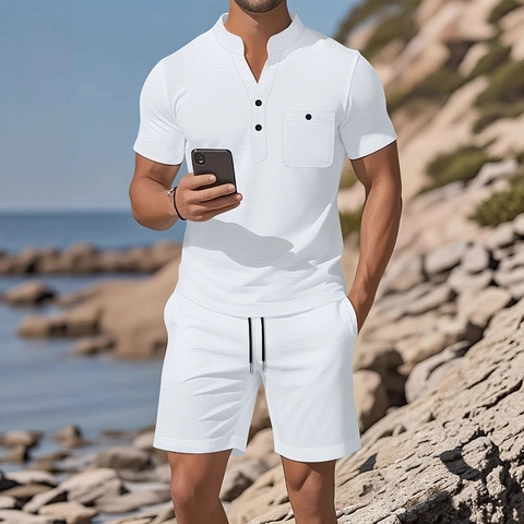 Homme Été Décontracté Mélange de Coton Col Henley Chemise Manches Courtes Et Short à Cordon Tenue de Vacances Plage