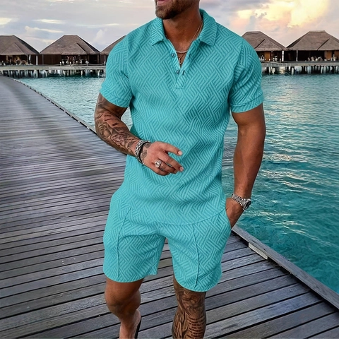 Ensemble Deux Pièces Polo Et Short Casual Été Homme Texture Géométrique 3D Revers Bouton Manches Courtes Tenue Vacances Resort