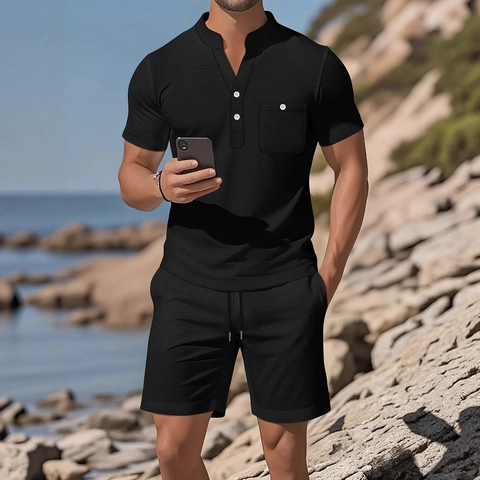 Homme Été Décontracté Mélange de Coton Col Henley Chemise Manches Courtes Et Short à Cordon Tenue de Vacances Plage