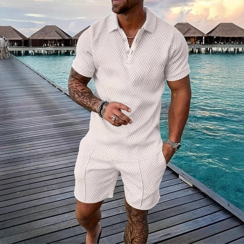 Ensemble Deux Pièces Polo Et Short Casual Été Homme Texture Géométrique 3D Revers Bouton Manches Courtes Tenue Vacances Resort