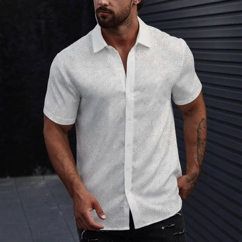 Camicia da Uomo Bianca in Pizzo Traforato a Maniche Corte Colletto a Punta Casual Traspirante Estate Spiaggia Party Top