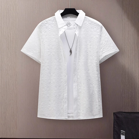Camicia da Uomo Bianca in Pizzo Traforato a Maniche Corte Colletto a Punta Casual Traspirante Estate Spiaggia Party Top
