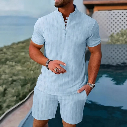Men's Vintage Henley Shirt And Shorts Set Summer Vacation Beach Casual Cotton Blend Textured Outfit