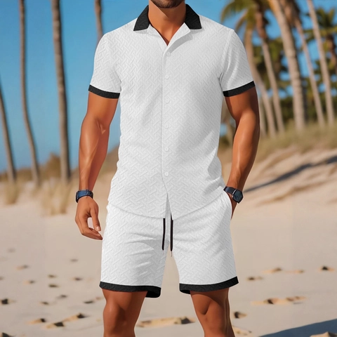 Ensemble Chemise Et Short Décontracté Pour Homme Texture Jacquard Coutures Contrastées Chemise À Manches Courtes