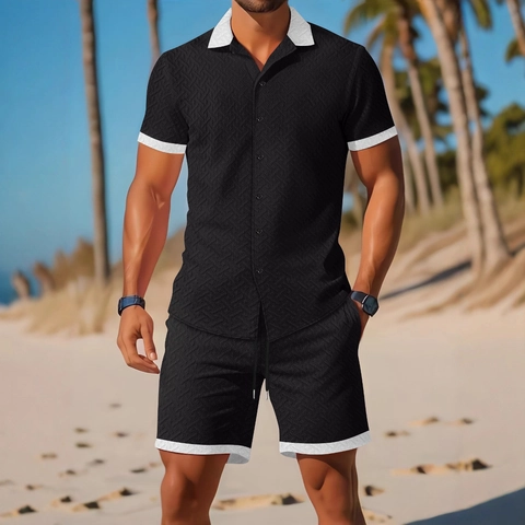 Ensemble Chemise Et Short Décontracté Pour Homme Texture Jacquard Coutures Contrastées Chemise À Manches Courtes